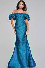 Model wearing Jovani 39113, an off-the-shoulder teal dress with puffed sleeves and a fitted design.