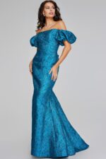 Stunning Off-the-Shoulder Teal Gown with Puff Sleeves 39113