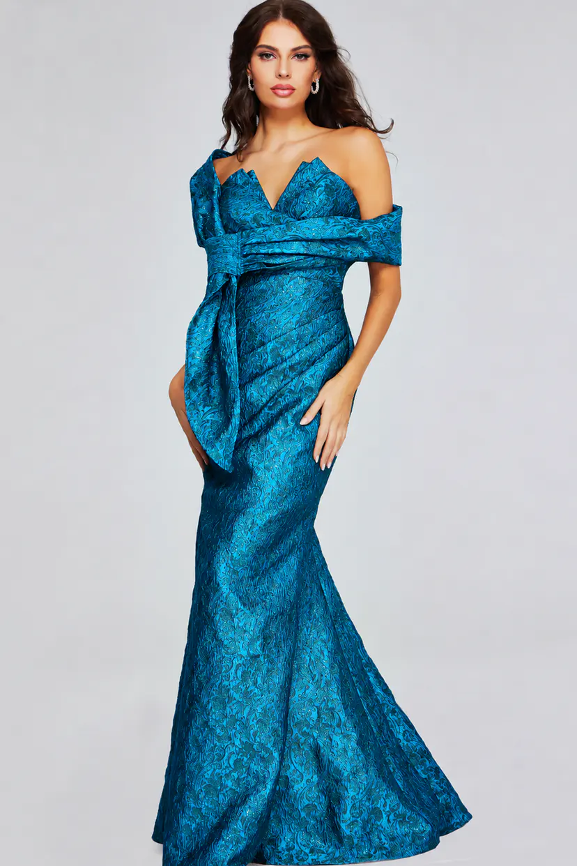 teal v neckline mermaid dress 39114