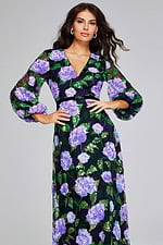 Model wearing Jovani 39115 purple gown with floral embroidery, front view.