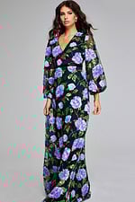 Model wearing Jovani 39115 purple gown with floral embroidery, front view.