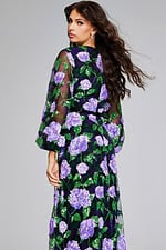 Model wearing Jovani 39115 purple gown with floral embroidery, back view.