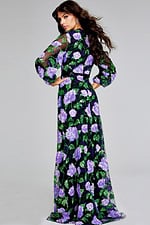 Model wearing Jovani 39115 purple gown with floral embroidery, back view.