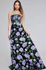 Model wearing 39116 - strapless purple floral gown, front view
