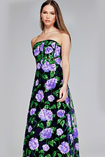 Model wearing 39116 - strapless purple floral gown, front view