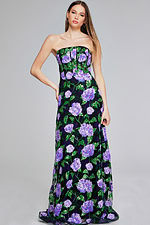 Model wearing 39116 - strapless purple floral gown, front view