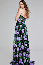 Model wearing 39116 - strapless purple floral gown, back view