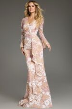 Model wearing Jovani 39118 gown front view featuring V-neck and floral lace.