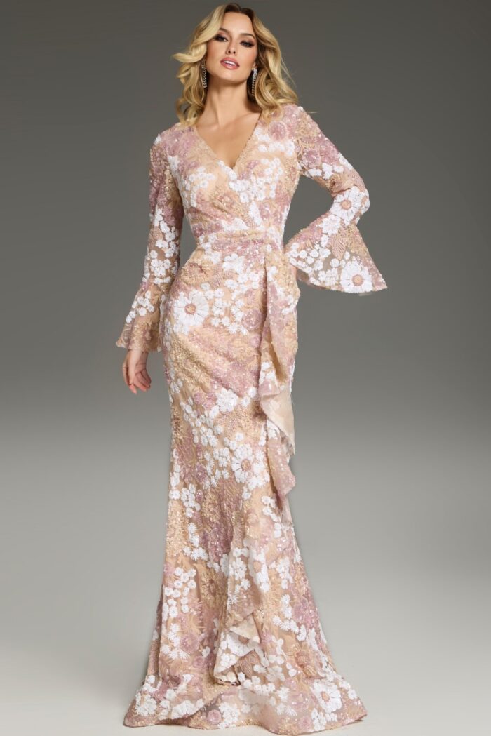 Model wearing Jovani 39118 nude gown with V-neck and floral embroidery, front view.