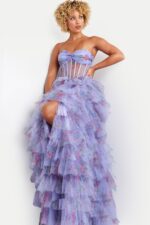 model wearing Jovani 39149 lilac dress with front view showcasing sweetheart neckline and tulle skirt