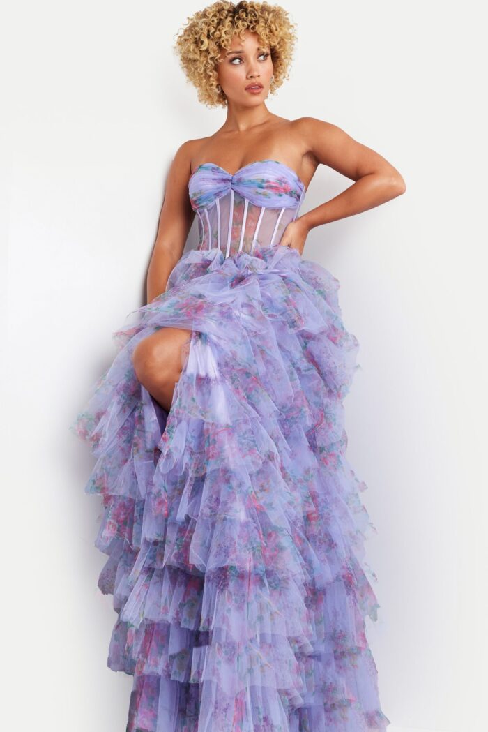 model wearing Jovani 39149 lilac dress with front view showcasing sweetheart neckline and tulle skirt