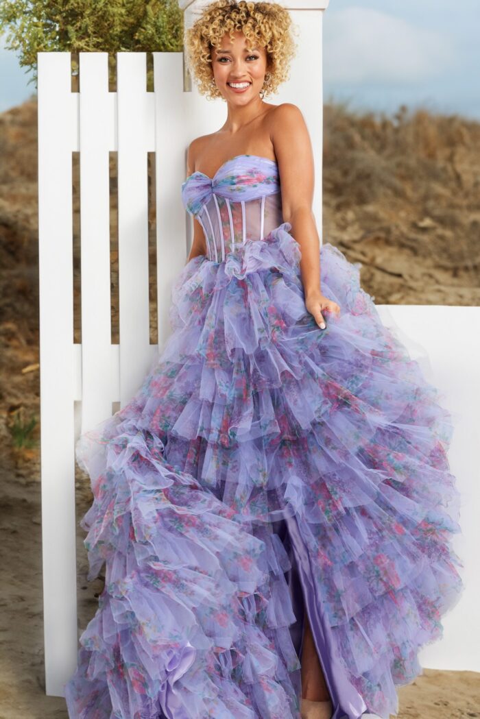 model wearing Jovani 39149 lilac dress with front view showing layered design