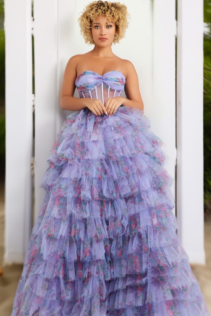 model wearing Jovani 39149 lilac dress with detailed view of tulle ruffles
