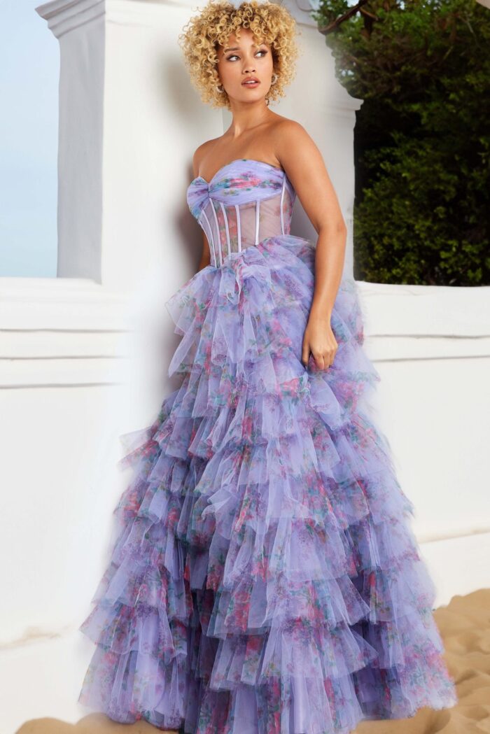 model wearing Jovani 39149 lilac dress with front view and floral patterned tulle