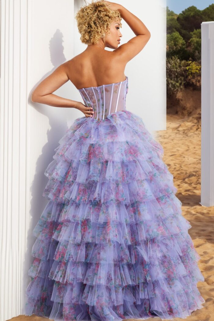 model wearing Jovani 39149 lilac dress with back view highlighting corset detail and tulle layers