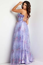 Model wearing Jovani 39151 lilac floral dress with sweetheart neckline and ruffle detailing