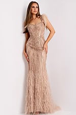 Front view of a blush feather-embellished evening gown with sequin beadwork and sheer straps