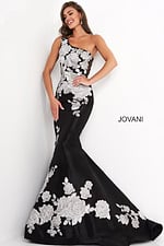 Model wearing Jovani 3918 black dress with silver floral lace in mermaid silhouette, repeated front view.