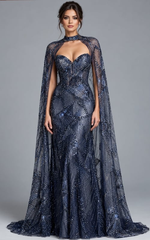 Navy beaded strapless gown with sheer embellished cape and fitted mermaid skirt