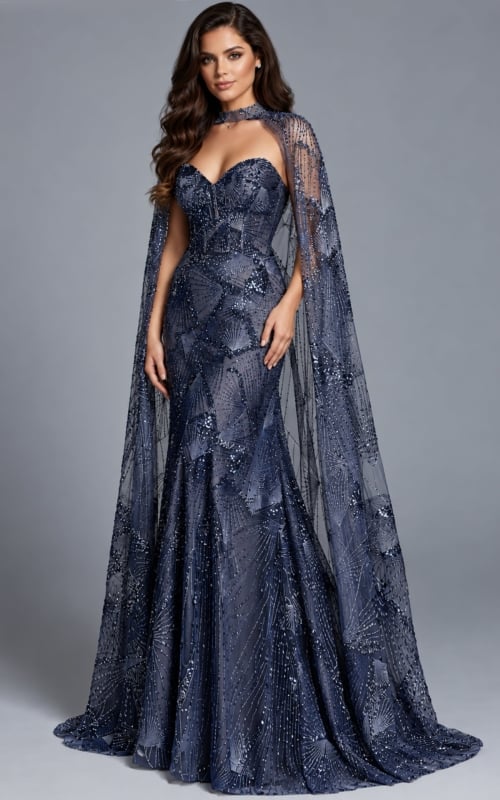 Navy beaded cape gown shown full length with sheer overlay and sweep train