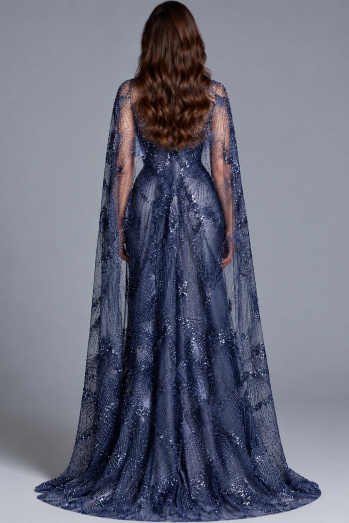 Back view of navy beaded gown showing the sheer cape falling over the open back