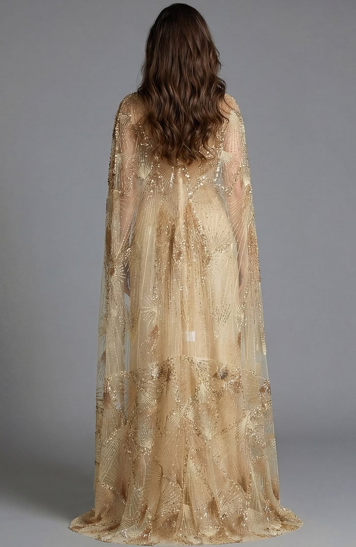 Strapless Gown with Beaded Sheer Cape 39214
