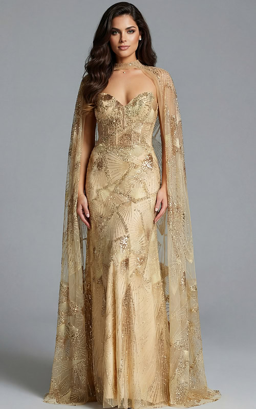 Model wearing gold strapless embellished gown with sheer beaded cape and intricate sequin pattern.