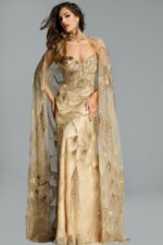 Model wearing gold strapless embellished gown with sheer beaded cape and intricate sequin pattern.