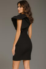 back of ruffled shoulder fitted black dress 39243