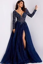 Navy ballgown with long sleeves and plunging neckline