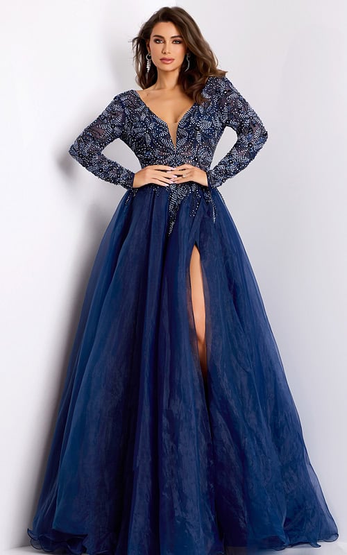 Deep V-back navy dress with shimmering beaded details