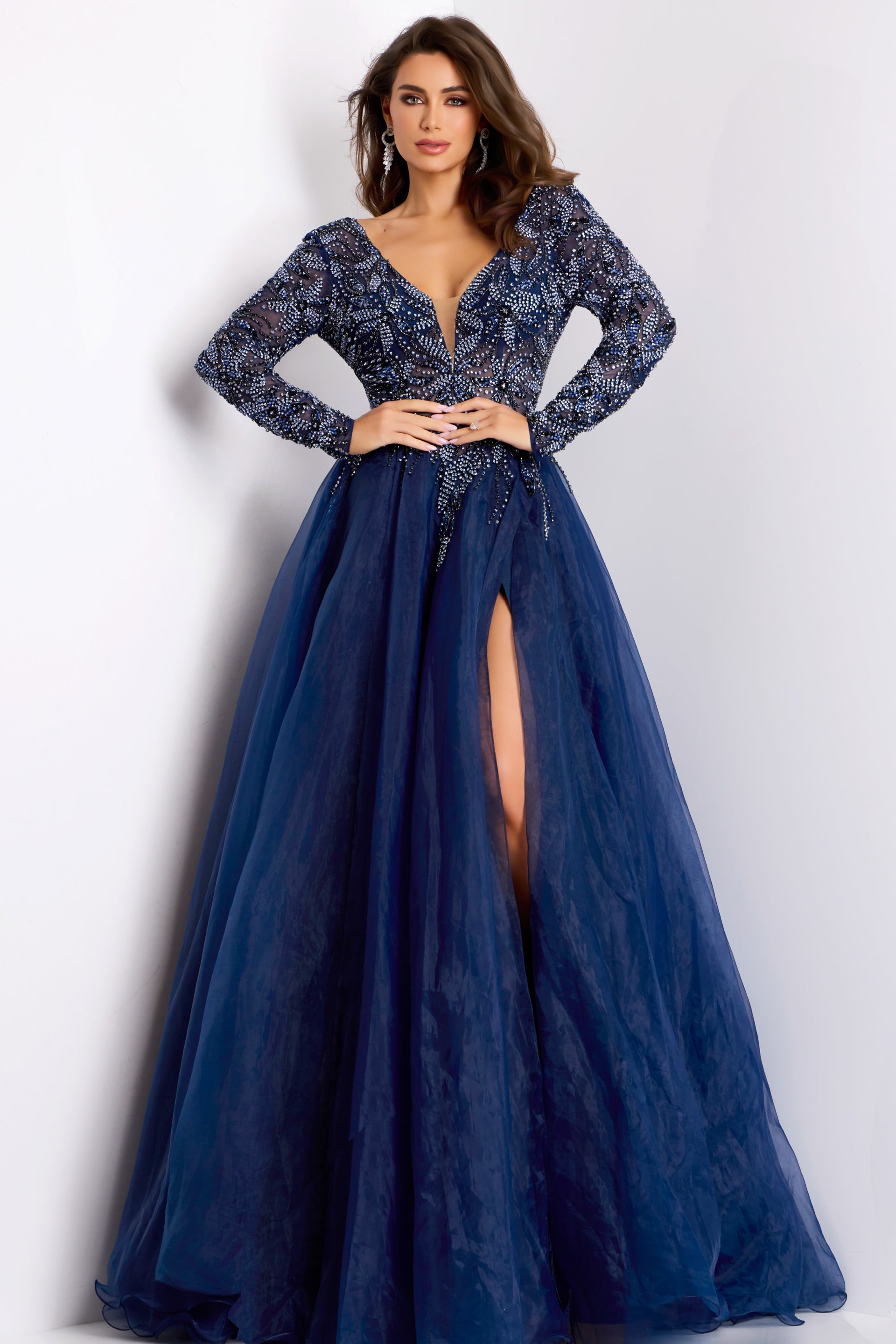 Sheer beaded navy gown featuring high slit and full skirt