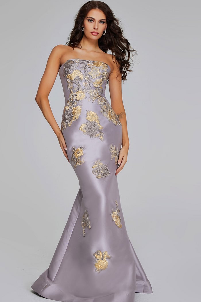 Model wearing Strapless Blue Gown with Silver Floral Embellishments 39261