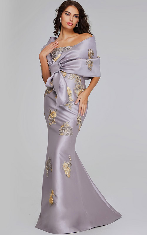 Model wearing Strapless Blue Gown with Silver Floral Embellishments 39261