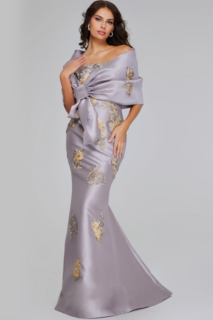 Model wearing Strapless Blue Gown with Silver Floral Embellishments 39261