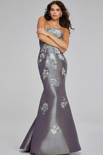 Model wearing Strapless Blue Gown with Silver Floral Embellishments 39261