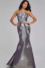Model wearing Strapless Blue Gown with Silver Floral Embellishments 39261