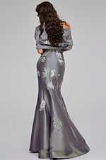 Model wearing Strapless Blue Gown with Silver Floral Embellishments 39261