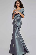 Model wearing Strapless Blue Gown with Silver Floral Embellishments 39261