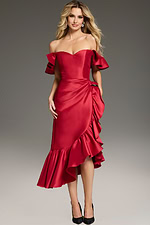 Model wearing Jovani 39264 red dress showcasing off-the-shoulder neckline and ruffles