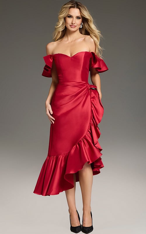 Model wearing Jovani 39264 red dress showcasing off-the-shoulder neckline and ruffles