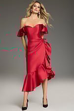 Model wearing Jovani 39264 asymmetrical red dress with layered ruffles