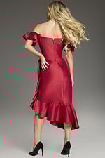 Back view of Jovani 39264 red dress with off-the-shoulder sleeves and high-low ruffled hem