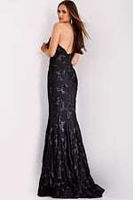 Back view of black fitted gown with V-shaped open back 39267
