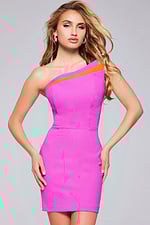 Model showcasing Jovani 39347 dress with fitted silhouette and vibrant colors