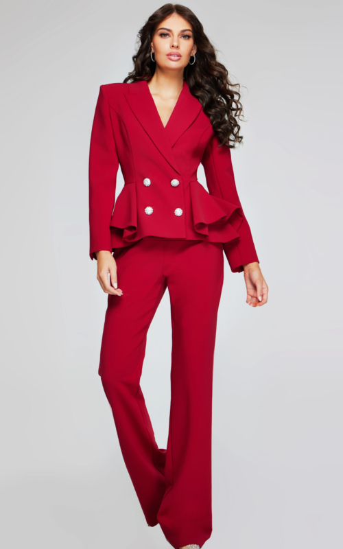 model wearing 39374 red two-piece suit with peplum blazer and wide-leg pants, front view