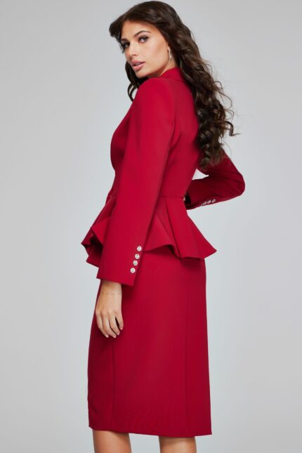 Back view of model in Jovani 39375 red dress with structured sleeve details.
