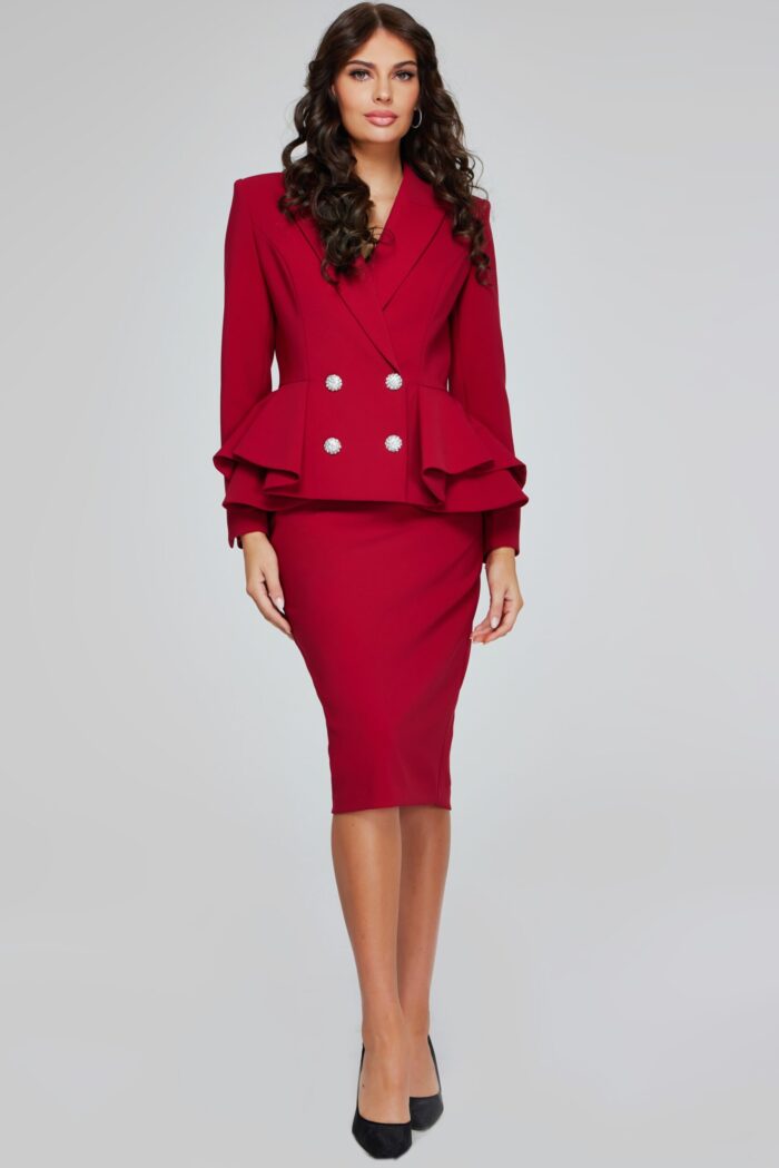 Model showcasing Jovani 39375 red dress with V-neckline and embellishments.