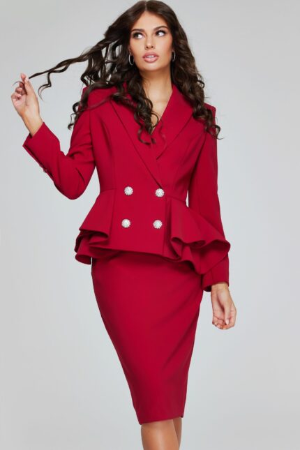 Model wearing Jovani 39375 red dress with a peplum silhouette and double-breasted design.
