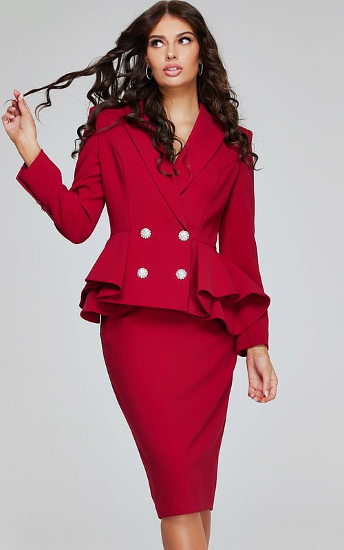 Model wearing Jovani 39375 red dress with a peplum silhouette and double-breasted design.